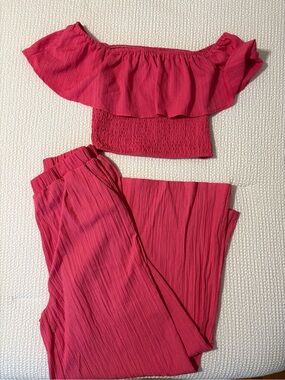 SHEIN Bright Pink Off/On Shoulder Top Summer Set Vacation Wide leg elastic pants